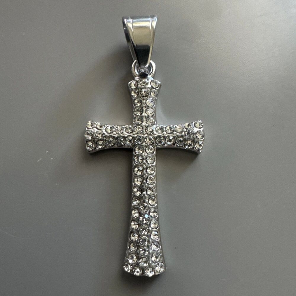 Cross Pendant Cubic Zirconia 24” Chain Silver Plated Religious Faith Gift Unisex